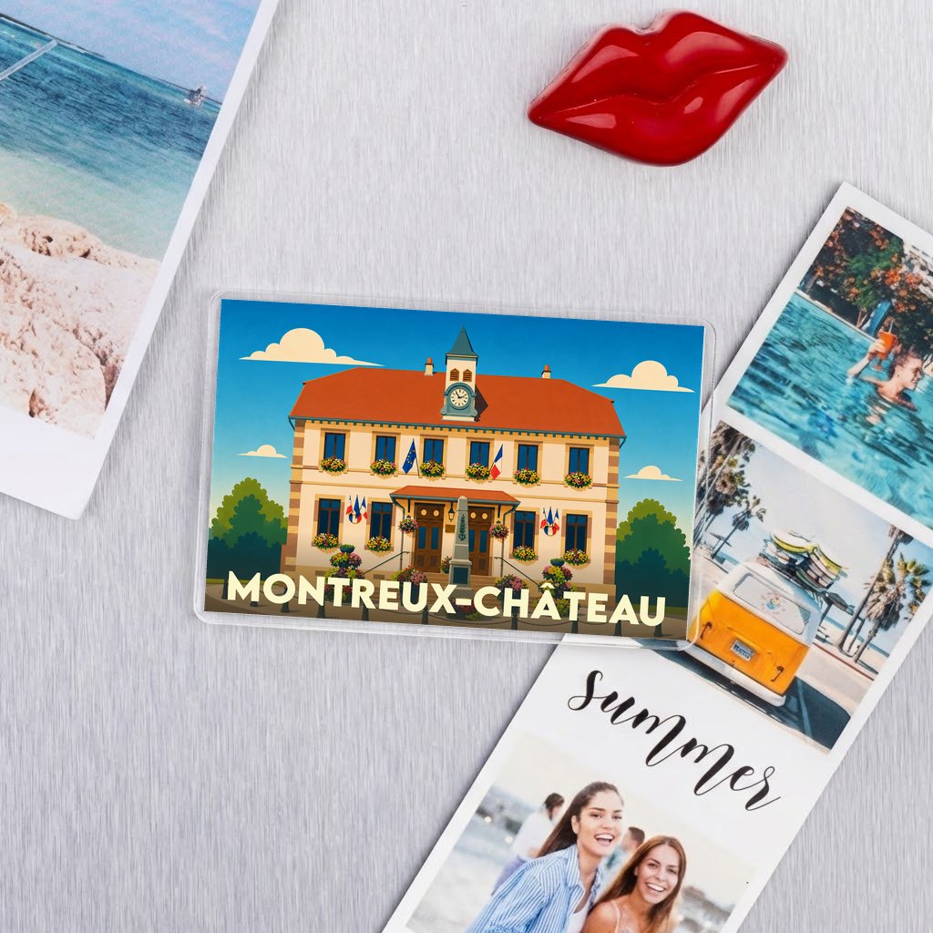 Magnet souvenir de la ville de Montreux-Château avec une illustration stylisée de sa mairie.
