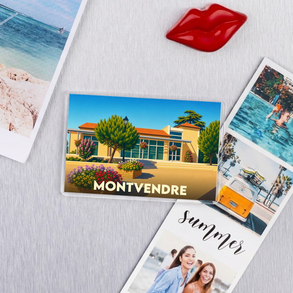 Magnet souvenir de la ville de Montvendre avec une illustration colorée et stylisée.
