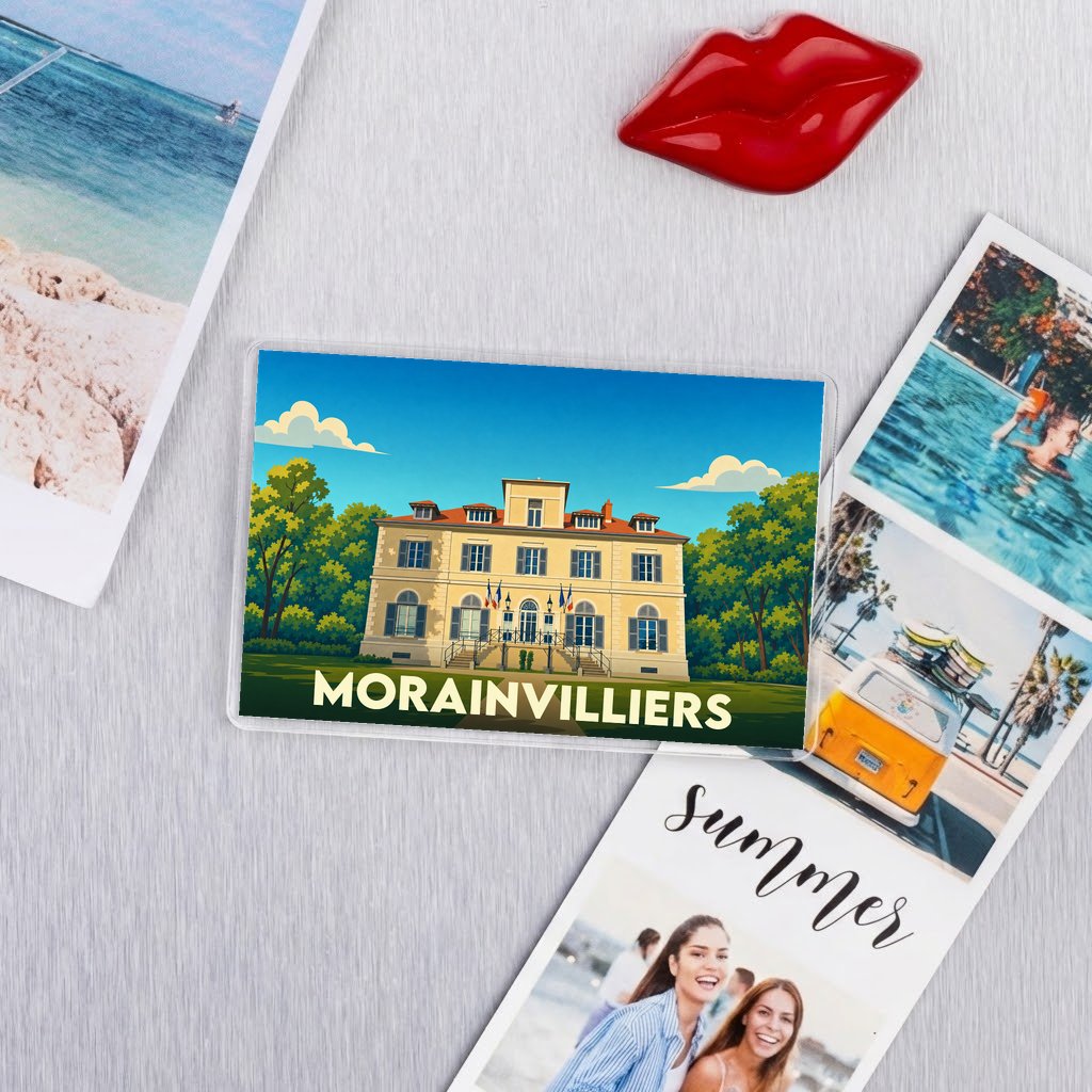 Magnet souvenir de la ville de Morainvilliers avec une illustration stylisée de sa mairie.