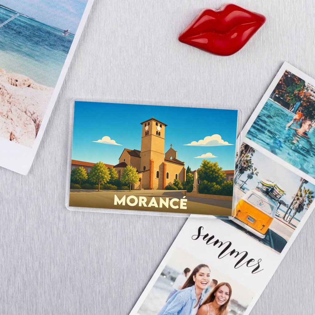 Magnet souvenir de la ville de Morancé avec une illustration stylisée de son église.