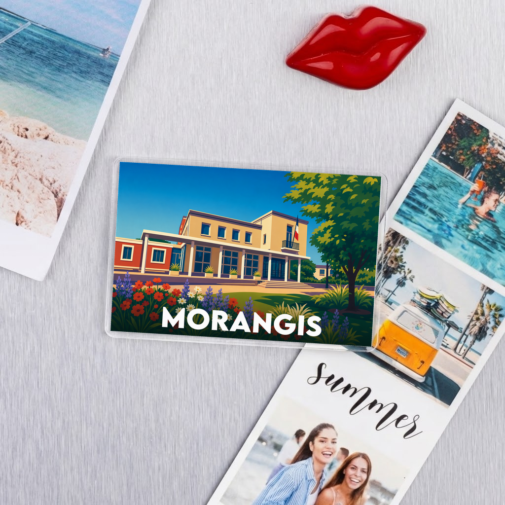 Magnet souvenir de la ville de Morangis avec une illustration colorée et stylisée.