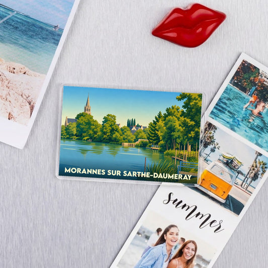 Magnet souvenir de la ville de Morannes sur Sarthe-Daumeray avec une illustration stylisée.