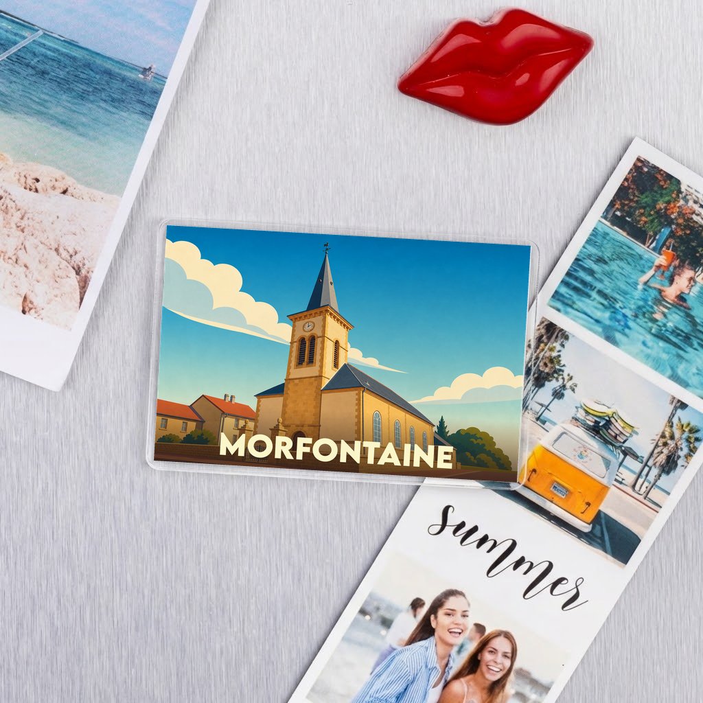 Magnet souvenir de la ville de Morfontaine avec une illustration stylisée de son église.