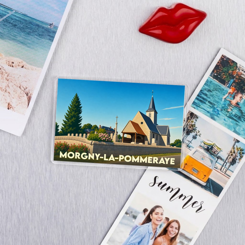 Magnet souvenir de la ville de Morgny-la-Pommeraye avec une illustration stylisée de son église.