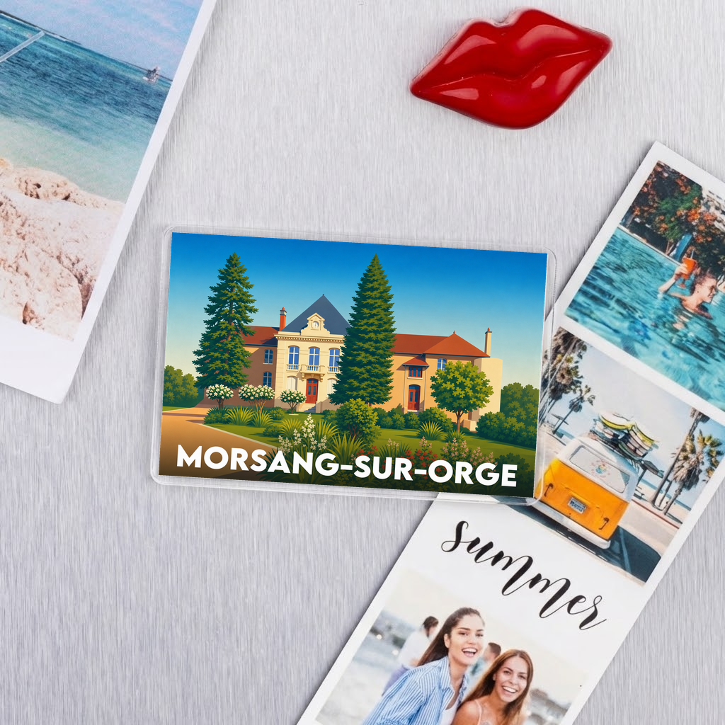 Magnet souvenir de la ville de Morsang-sur-Orge avec une illustration stylisée de son château.