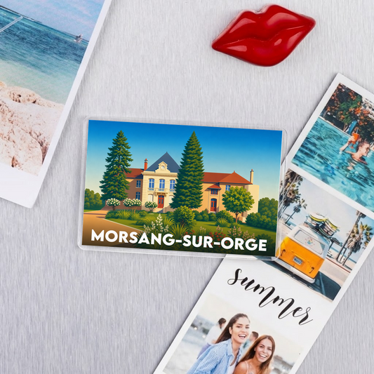 Magnet souvenir de la ville de Morsang-sur-Orge avec une illustration stylisée de son château.