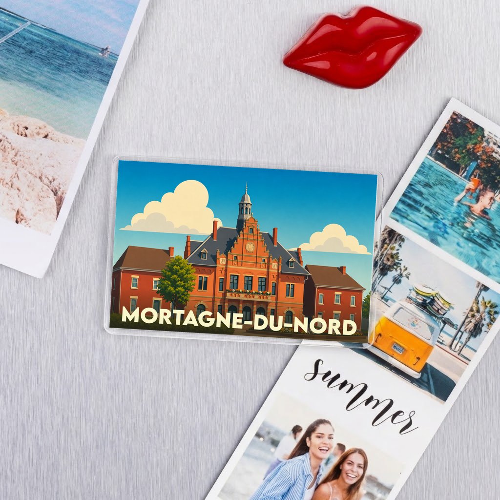 Magnet souvenir de la ville de Mortagne-du-Nord avec une illustration stylisée.