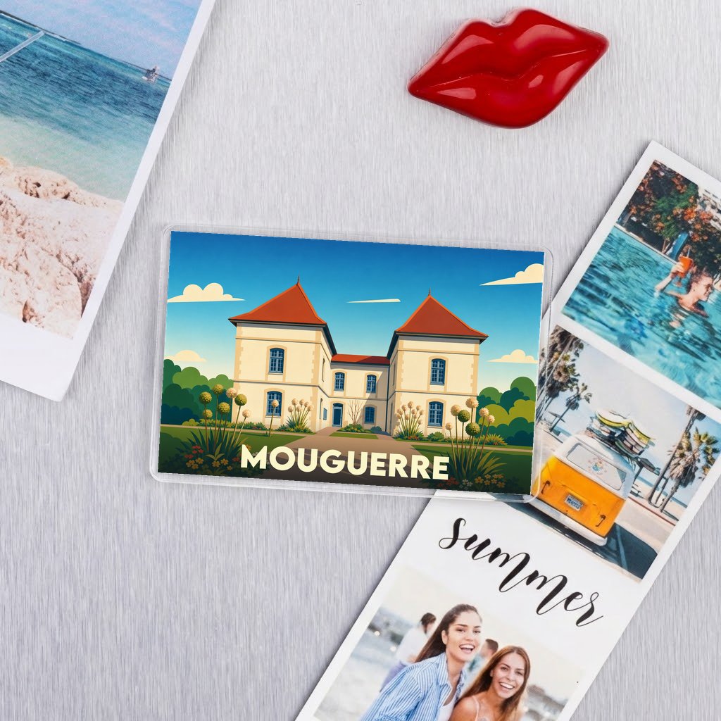 Magnet souvenir de la ville de Mouguerre avec une illustration stylisée d'un bâtiment historique.