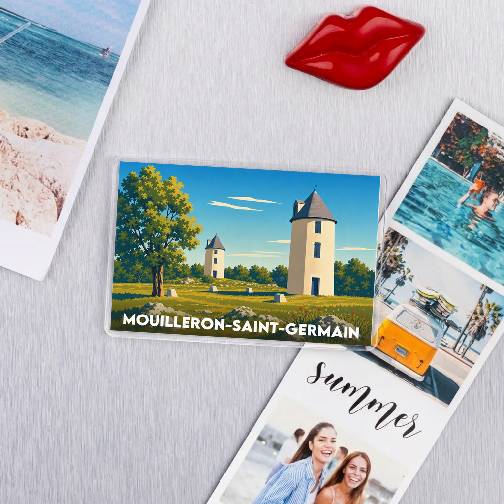 Magnet souvenir de la ville de Mouilleron-Saint-Germain avec une illustration stylisée de ses moulins.