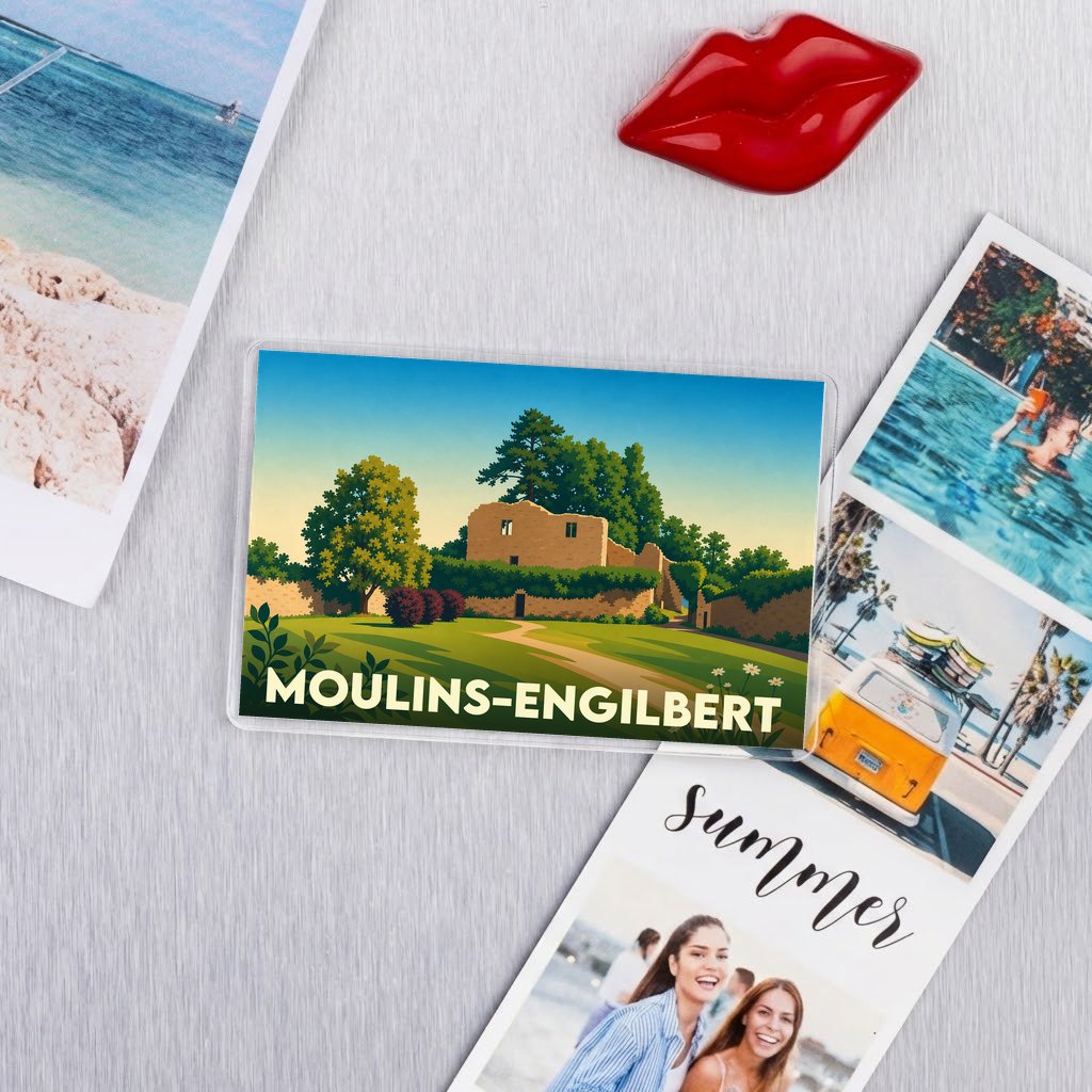 Magnet souvenir de la ville de Moulins-Engilbert avec une illustration stylisée de son patrimoine.