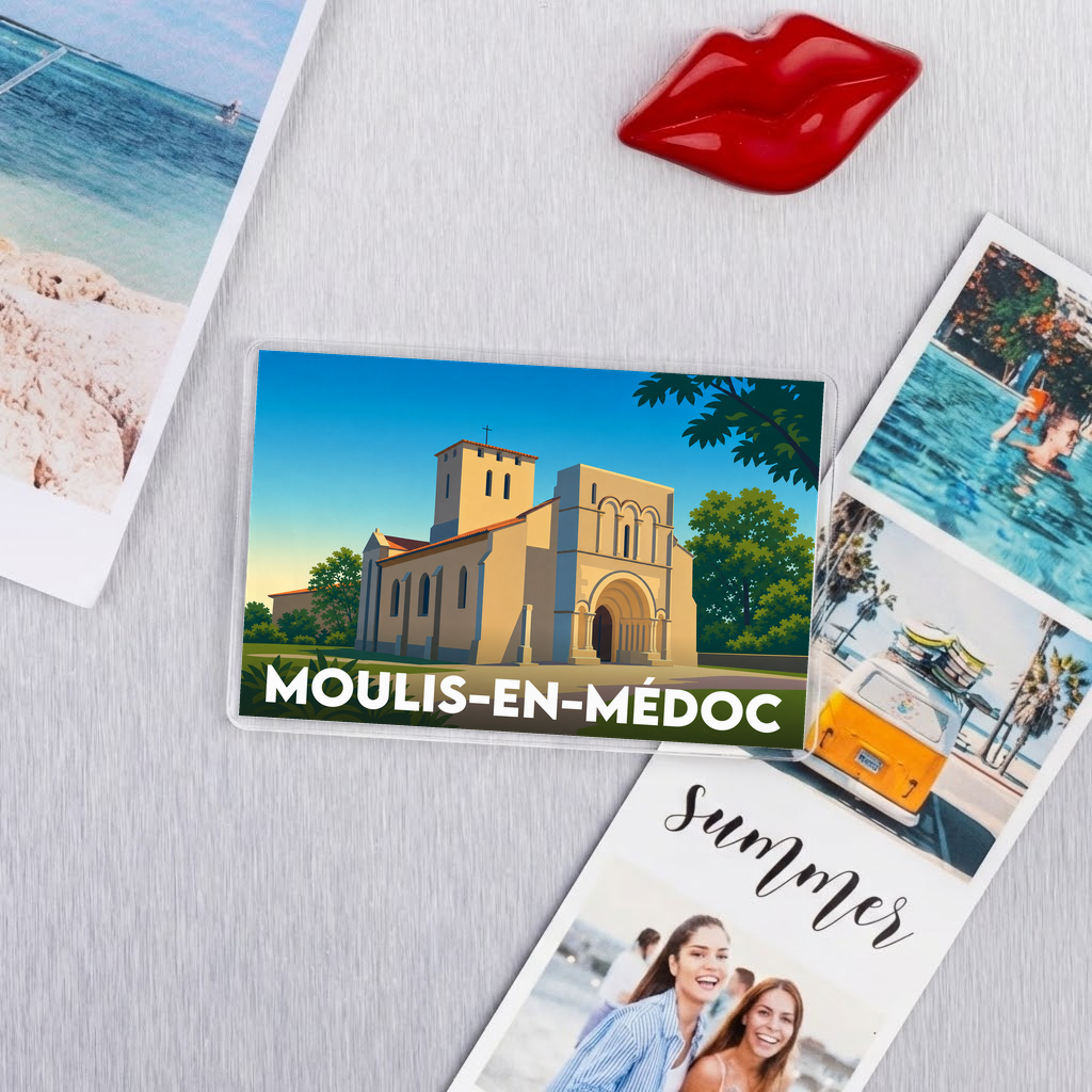 Magnet souvenir de la ville de Moulis-en-Médoc avec une illustration stylisée de son église.