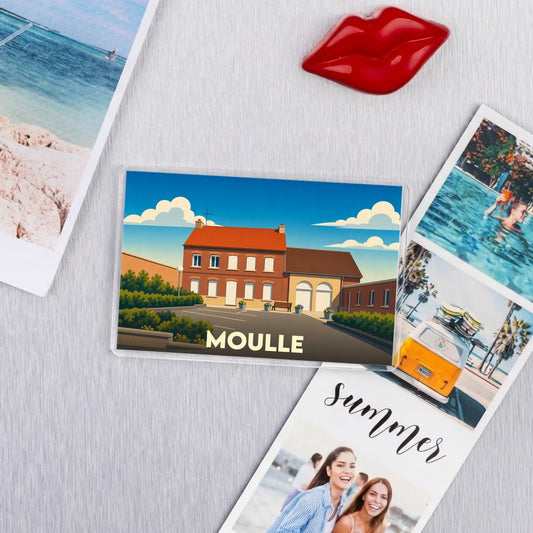 Magnet souvenir de la ville de Moulle avec une illustration stylisée.