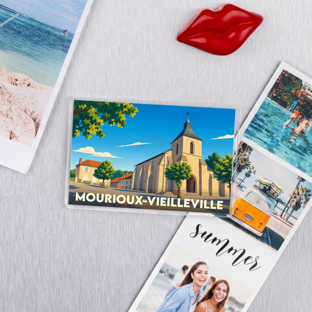 Magnet souvenir de la ville de Mourioux-Vieilleville avec une illustration stylisée d'une église.