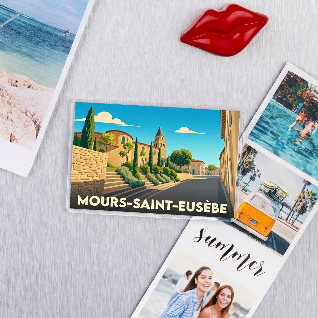 Magnet souvenir de la ville de Mours-Saint-Eusèbe avec une illustration stylisée.
