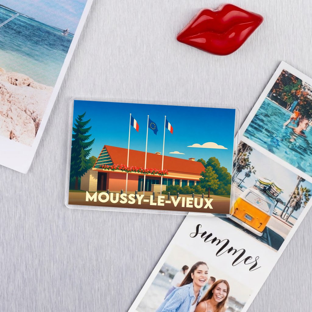 Magnat souvenir de la ville de Moussy-le-Vieux avec une illustration stylisée.