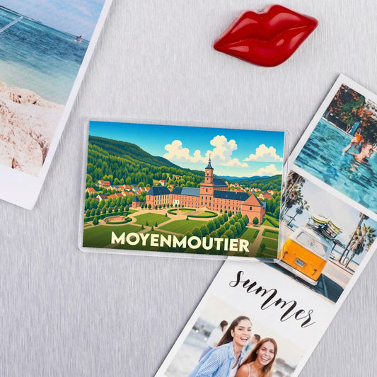 Magnet souvenir de la ville de Moyenmoutier avec une illustration stylisée de son abbaye.