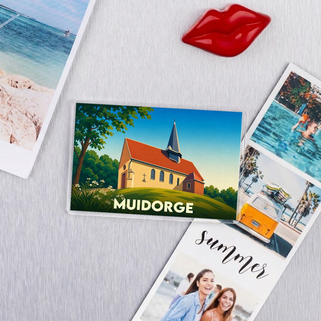 Magnet souvenir de la ville de Muidorge avec une illustration stylisée de son église.