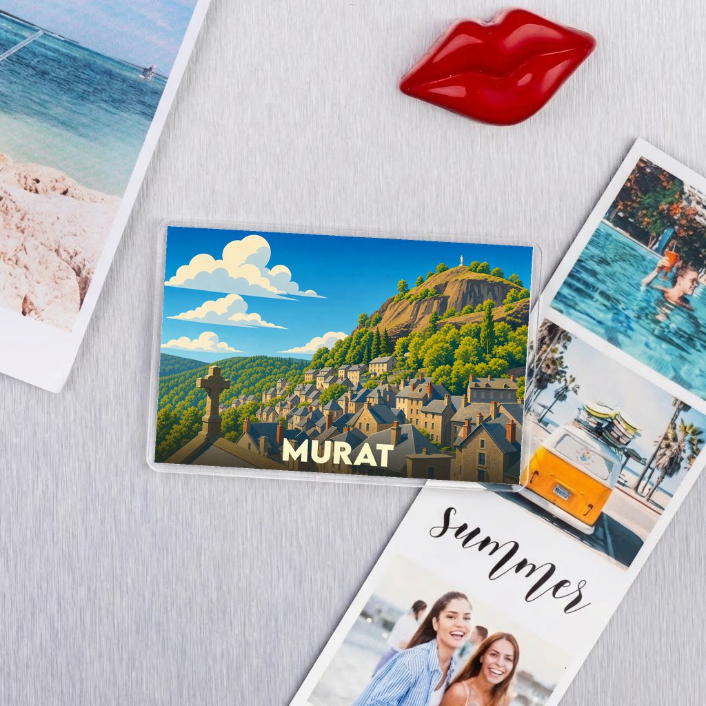 Magnet souvenir de la ville de Murat avec une illustration stylisée d'un village de montagne.