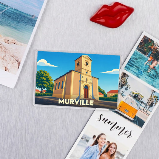 Magnet souvenir de la ville de Murville avec une illustration stylisée de son église.