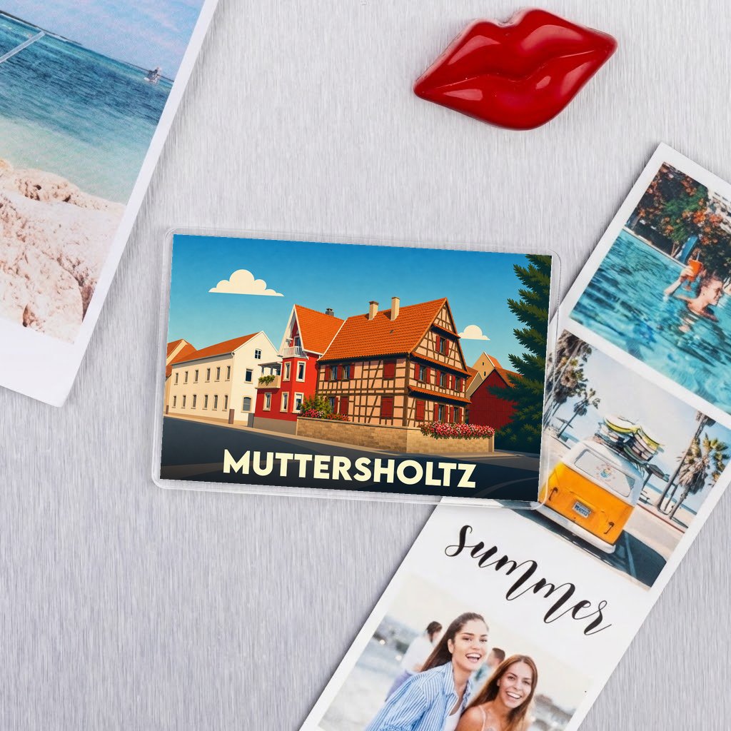Magnet souvenir de la ville de Muttersholtz avec une illustration stylisée de maisons à colombages.