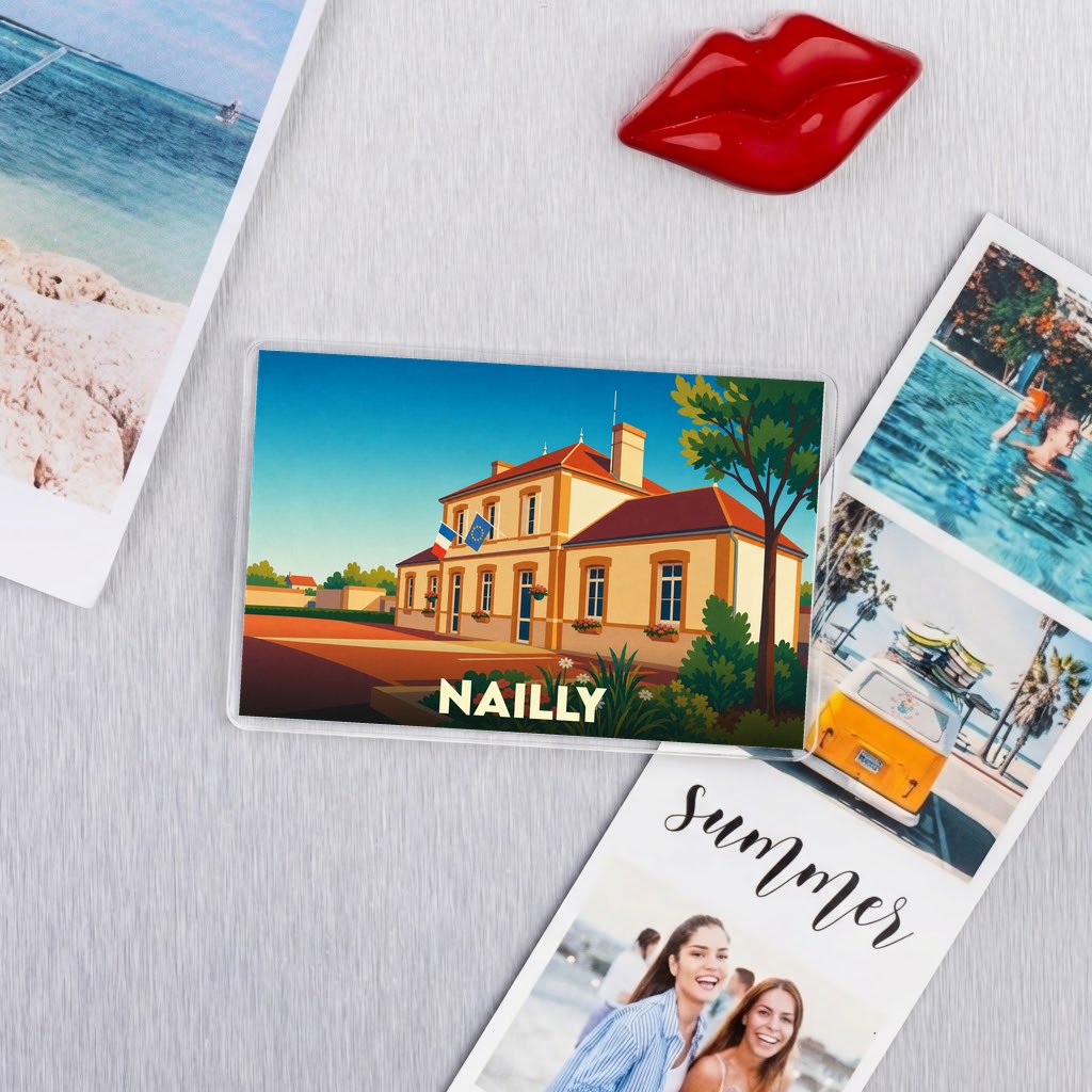 Magnet souvenir de la ville de Nailly avec une illustration stylisée de sa mairie.