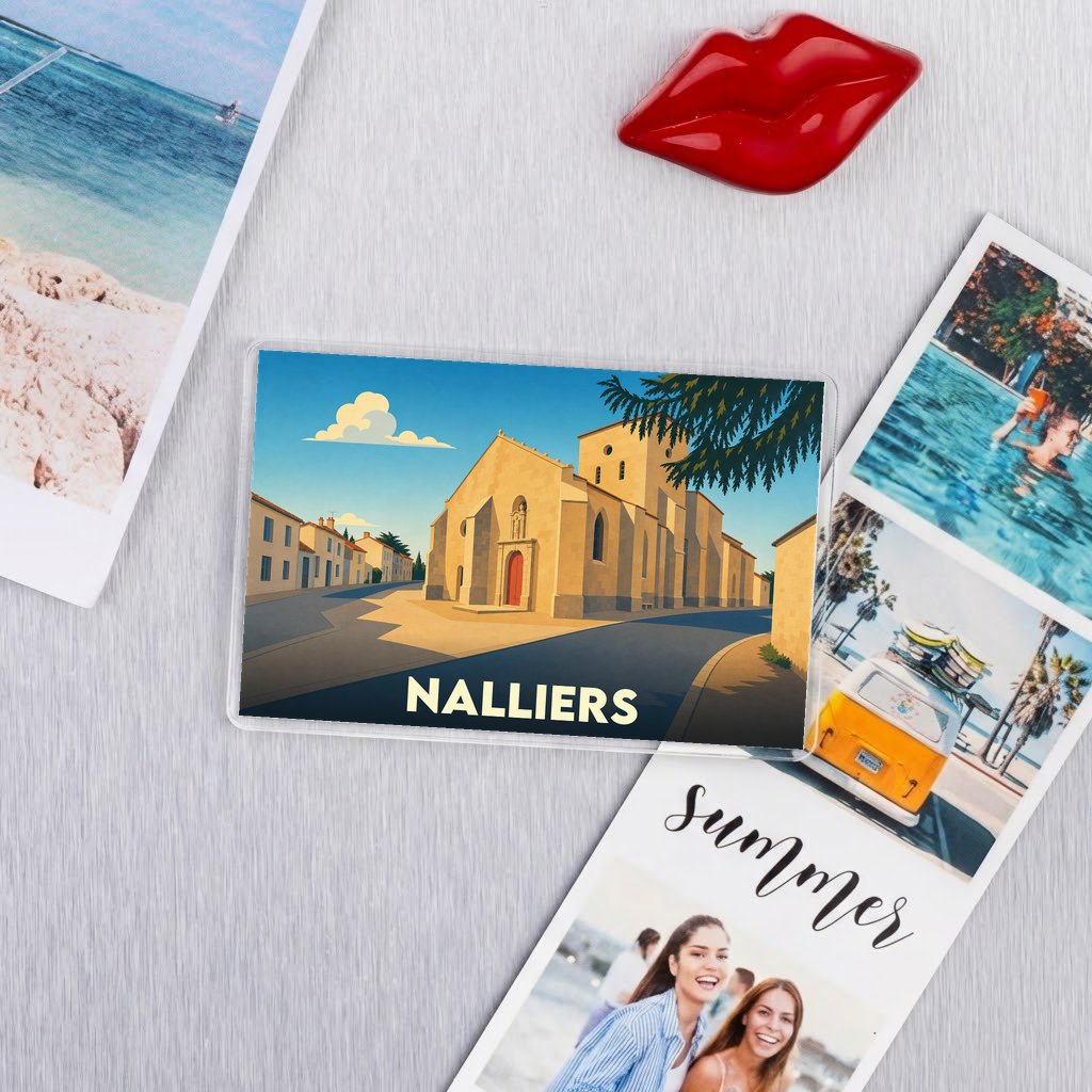 Magnet souvenir de la ville de Nalliers avec une illustration stylisée.