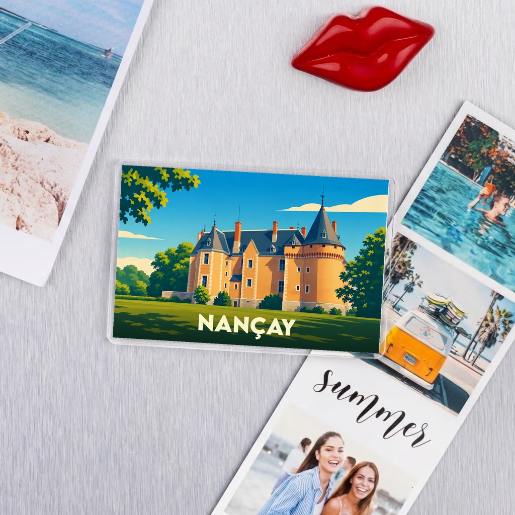 Magnet souvenir de la ville de Nançay avec une illustration stylisée de son château.