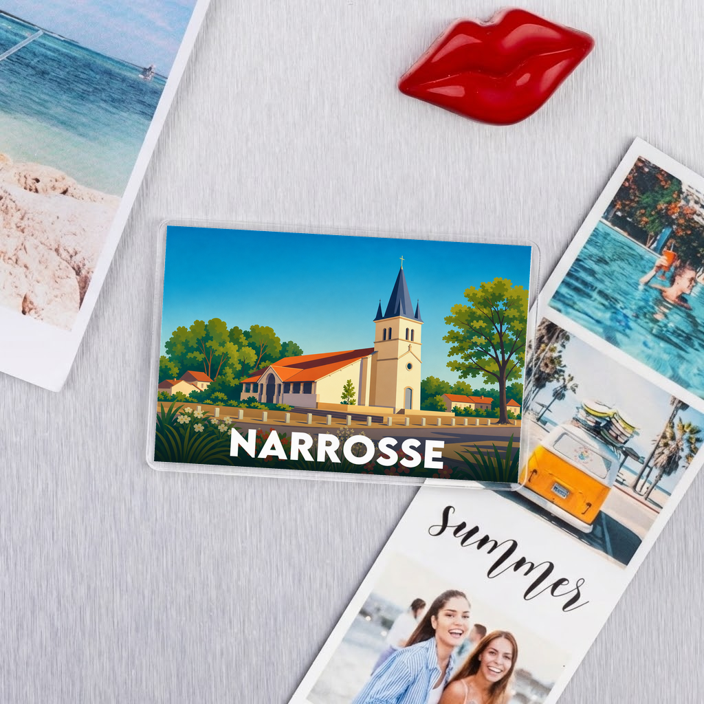 Magnet souvenir de la ville de Narrosse avec une illustration stylisée de son église.