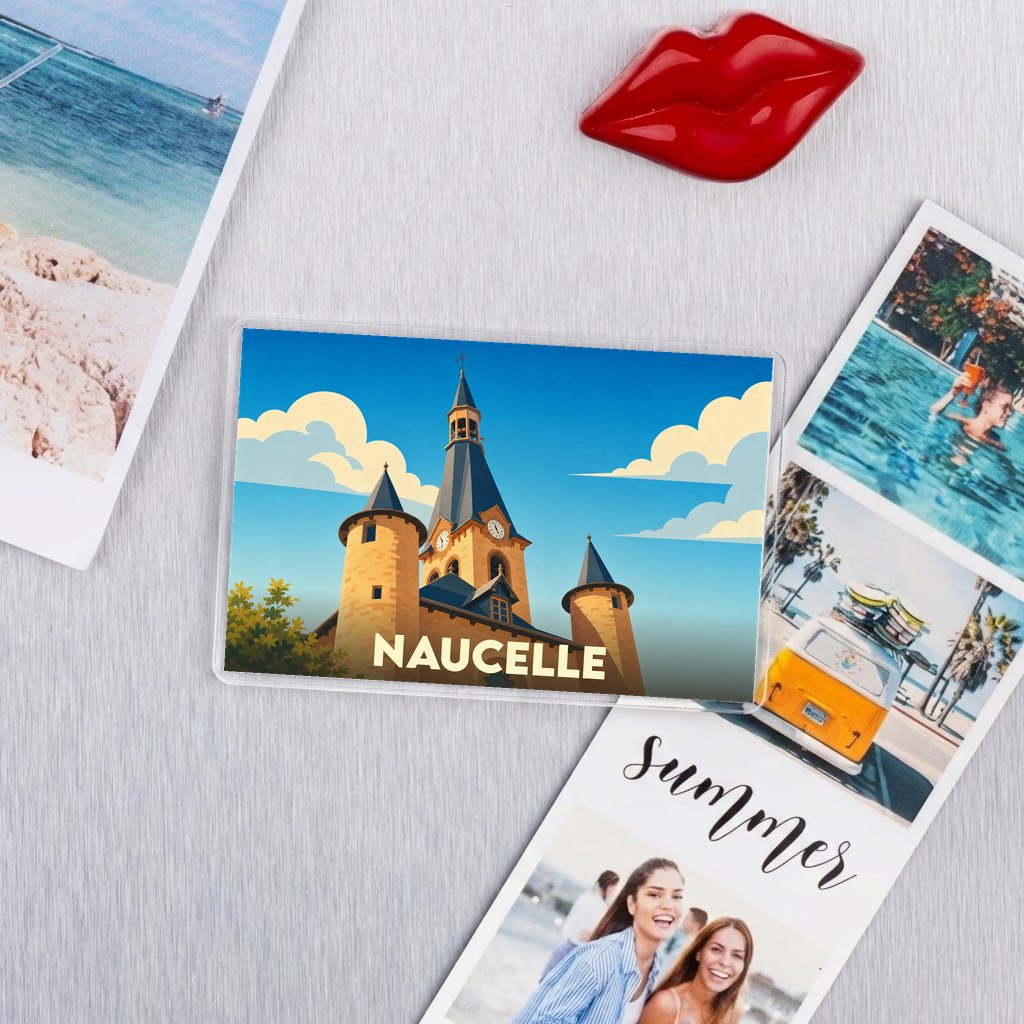 Magnet souvenir de la ville de Naucelle avec une illustration stylisée de son église.