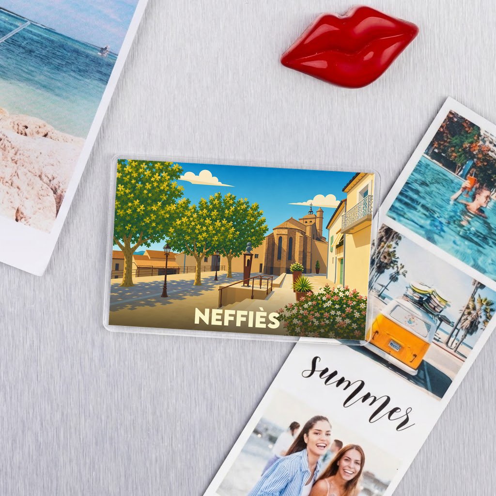 Magnet souvenir de la ville de Neffiès avec une illustration stylisée.