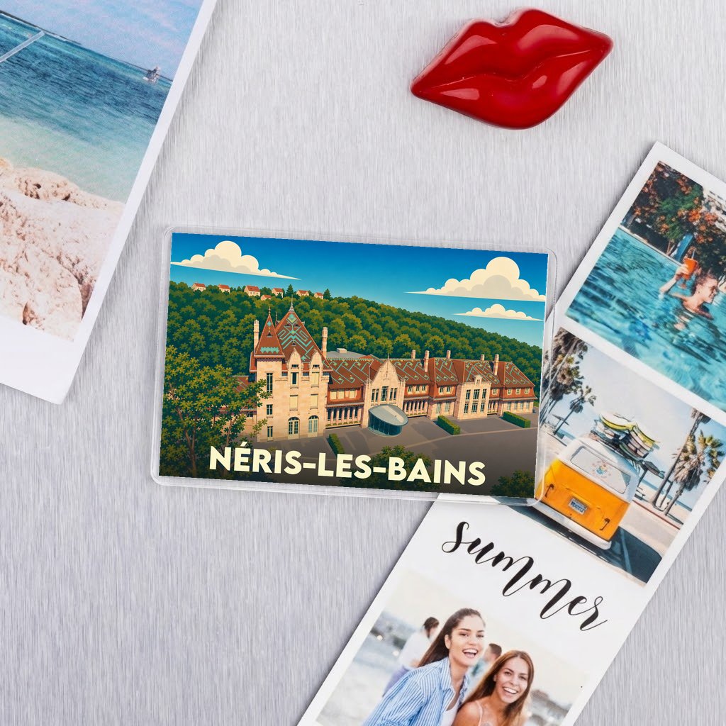 Magnet souvenir de la ville de Néris-les-Bains avec une illustration stylisée de ses thermes historiques.