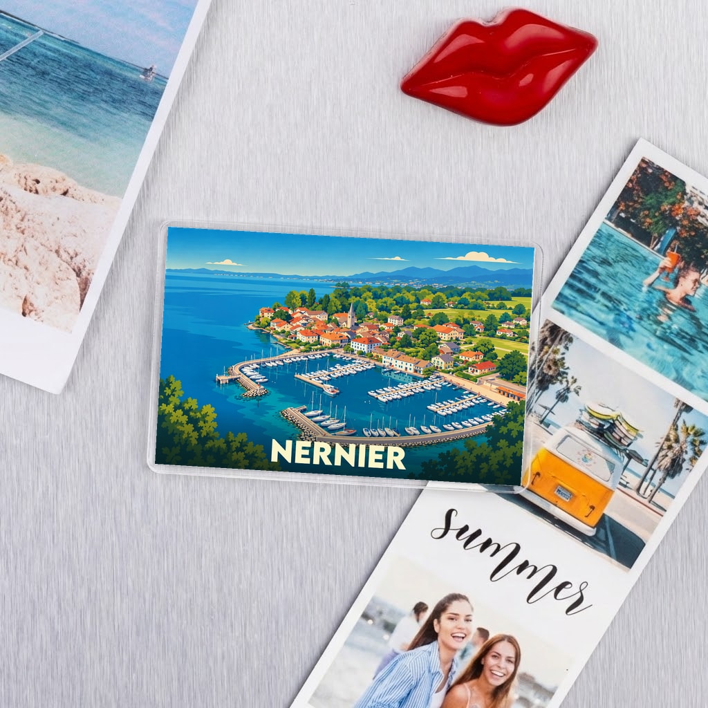 Magnet souvenir de la ville de Nernier avec une illustration stylisée du port.