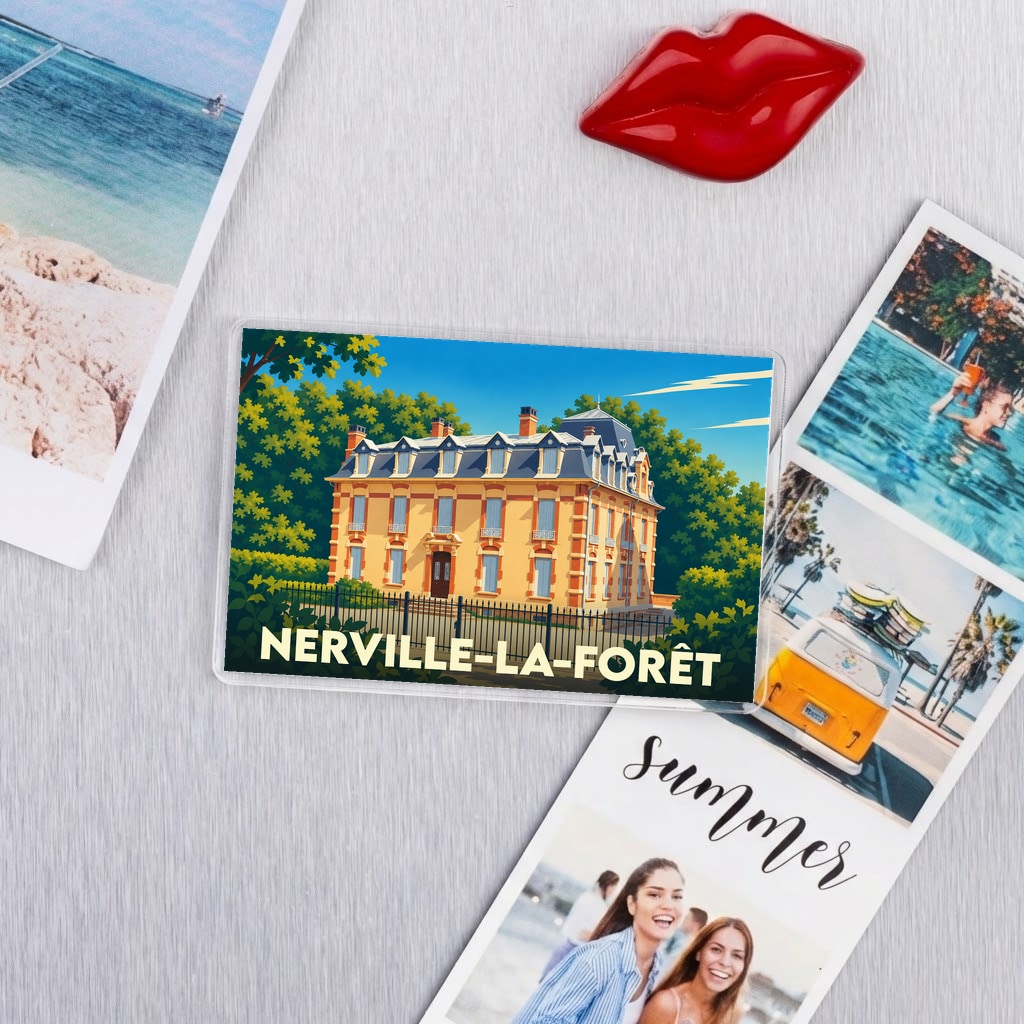 Magnet souvenir de la ville de Nerville-la-Forêt avec une illustration stylisée d'une grande demeure bourgeoise.