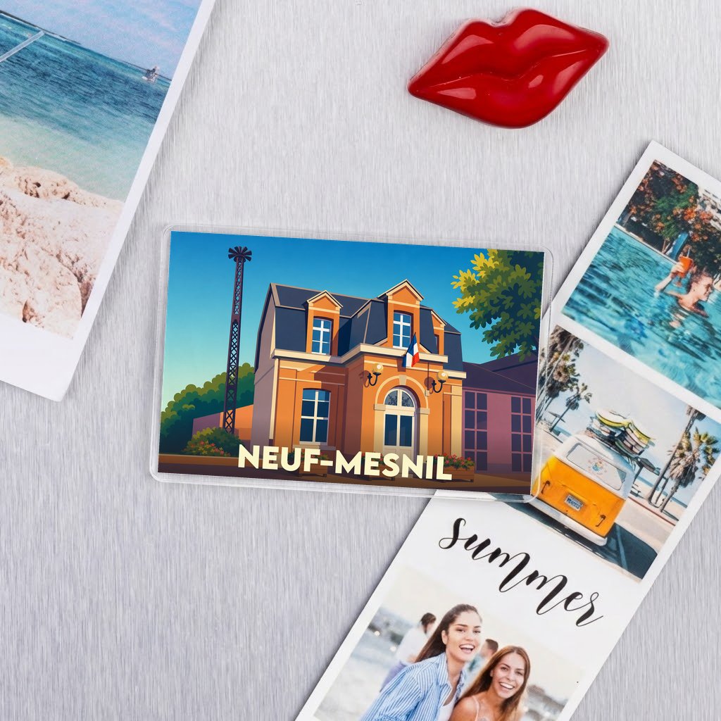 Magnet souvenir de la ville de Neuf-Mesnil avec une illustration stylisée de sa mairie.