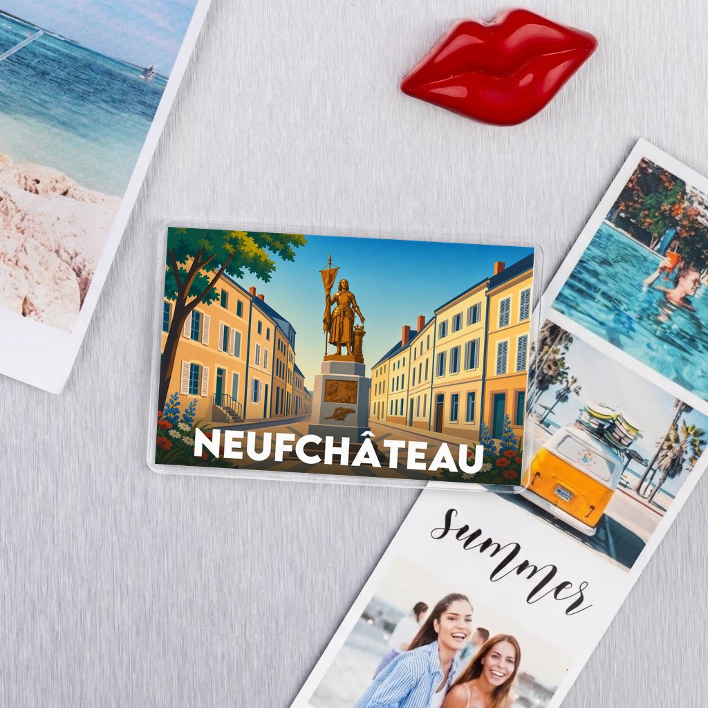 Magnet souvenir de la ville de Neufchâteau avec une illustration stylisée.