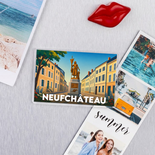 Magnet souvenir de la ville de Neufchâteau avec une illustration stylisée.