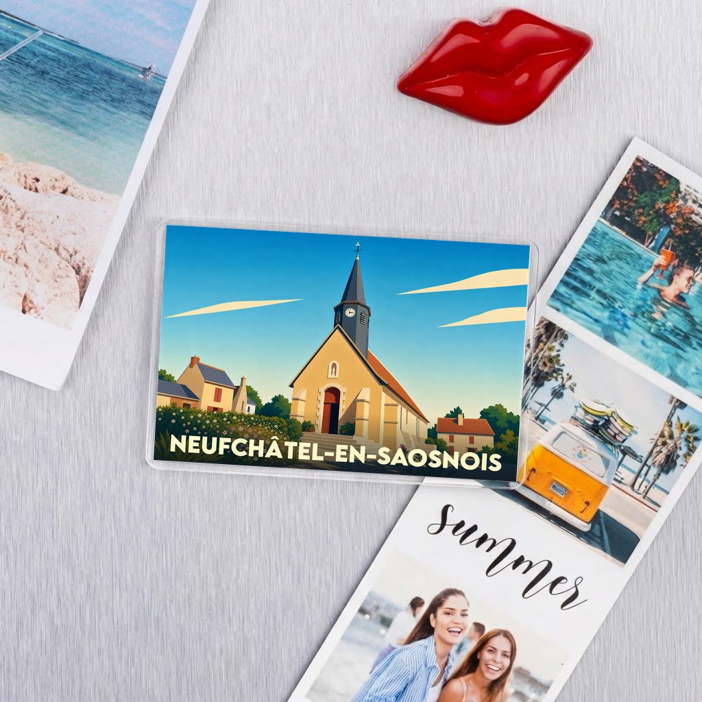 Magnet souvenir de la ville de Neufchâtel-en-Saosnois avec une illustration stylisée de son église.