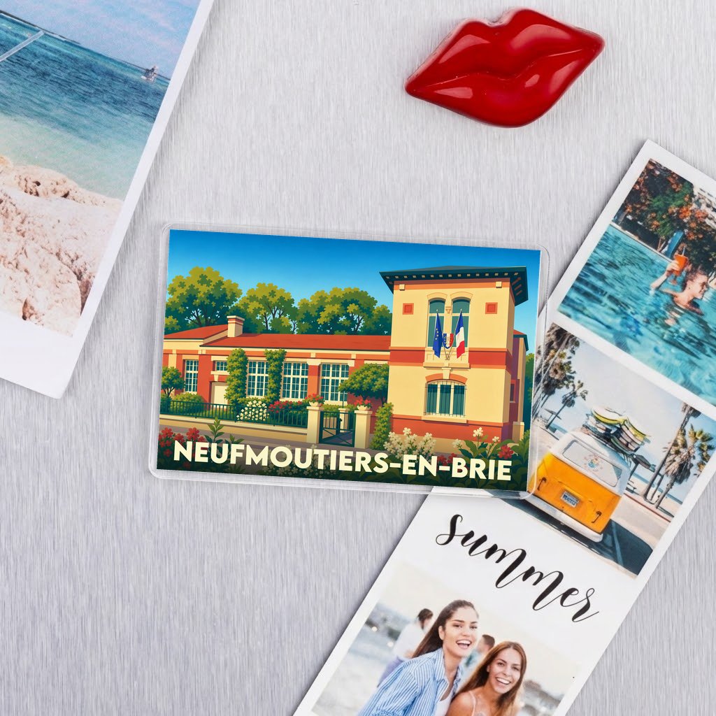 Magnet souvenir de la ville de Neufmoutiers-en-Brie avec une illustration stylisée de la mairie.