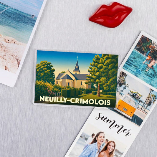 Magnet souvenir de la commune de Neuilly-Crimolois avec une illustration stylisée de son église.