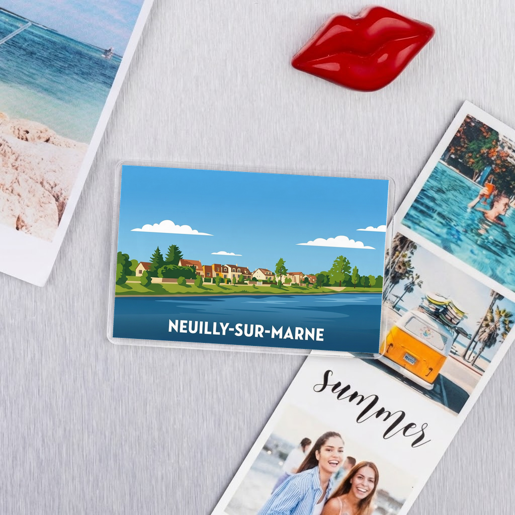 Magnet souvenir de la ville de Neuilly-sur-Marne avec une illustration stylisée de ses bords de rivière.