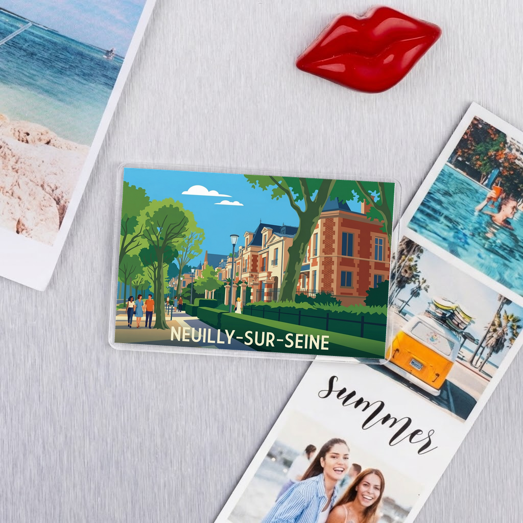 Magnet souvenir de la ville de Neuilly-sur-Seine avec une illustration stylisée.