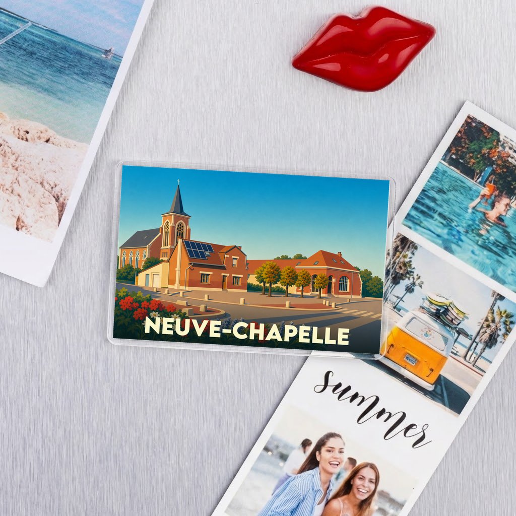 Magnet souvenir de la ville de Neuve-Chapelle avec une illustration stylisée d'une église et de bâtiments locaux.