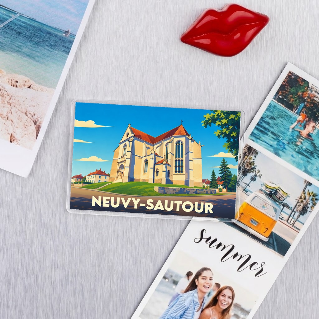 Magnet souvenir de la ville de Neuvy-Sautour avec une illustration stylisée de son église.