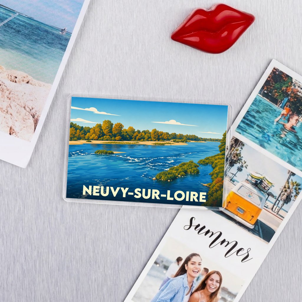 Magnet souvenir de la ville de Neuvy-sur-Loire avec une illustration stylisée des bords de Loire.