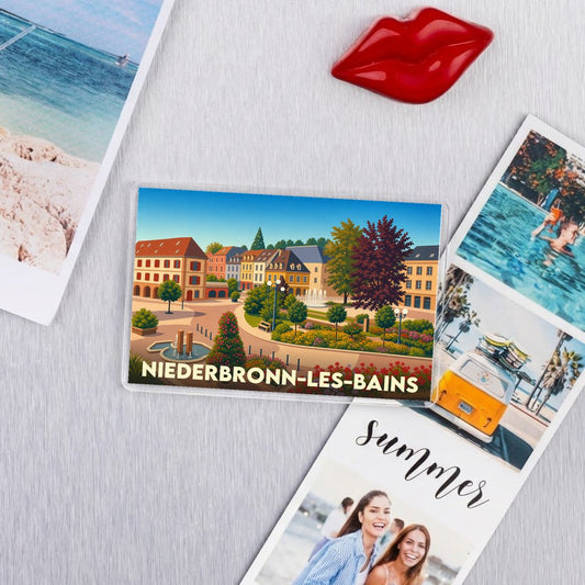 Magnet souvenir de Niederbronn-les-Bains avec une illustration colorée et stylisée de la ville.