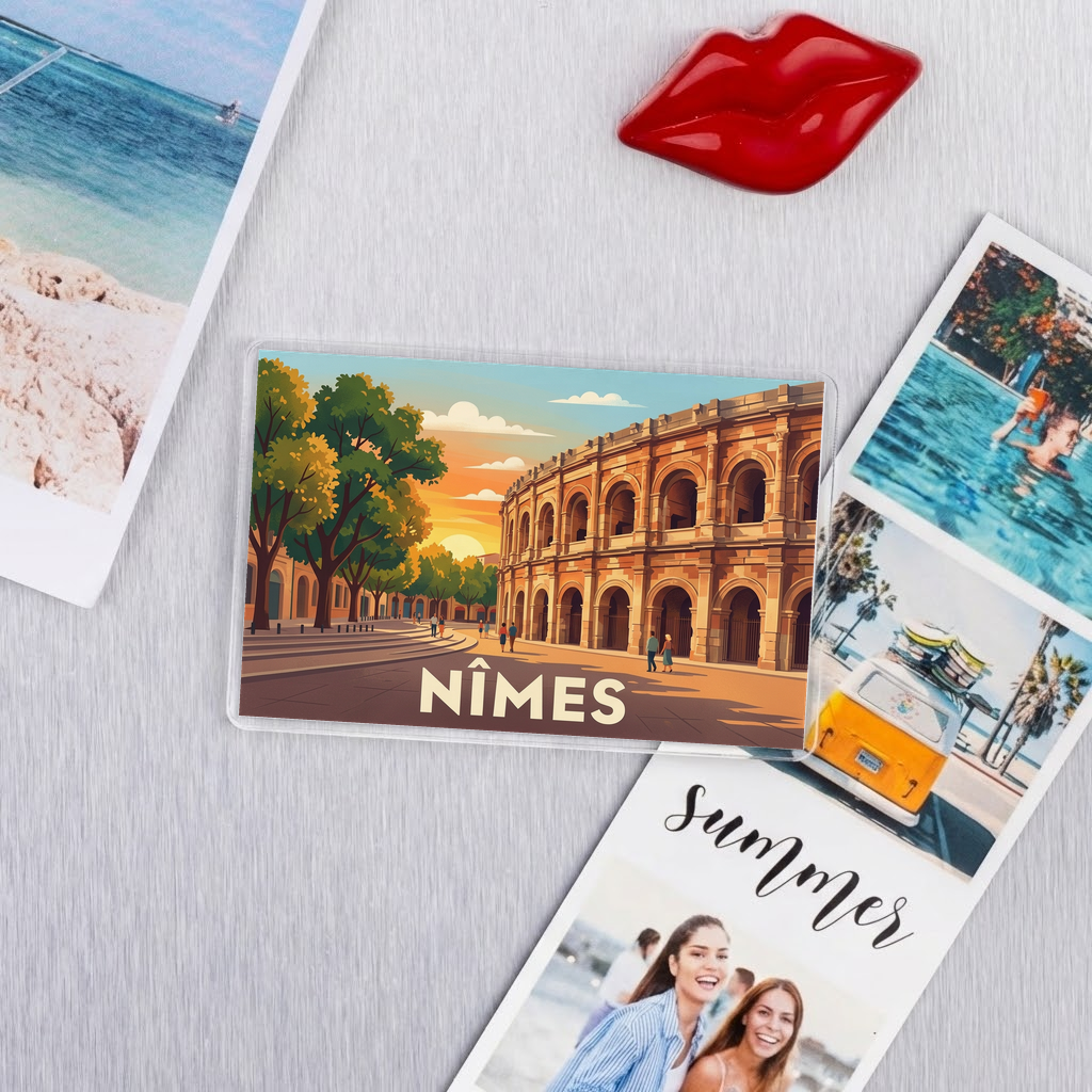 Magnet souvenir de la ville de Nîmes avec une illustration stylisée des arènes.