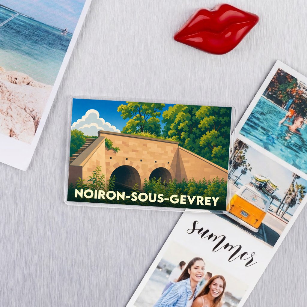 Magnet souvenir de la ville de Noiron-sous-Gevrey avec une illustration stylisée d'un pont en pierre.
