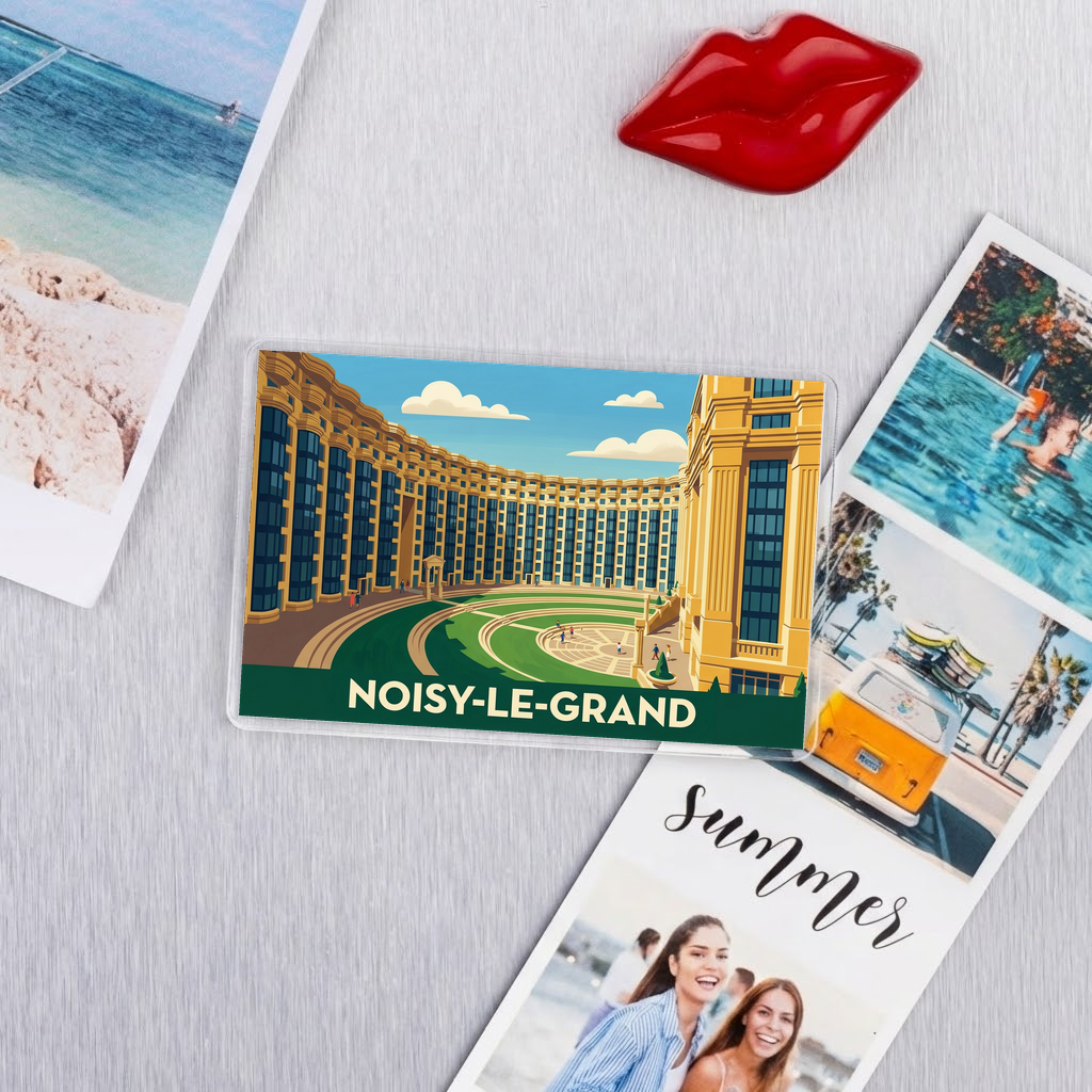 Magnet souvenir de la ville de Noisy-le-Grand avec une illustration stylisée de son architecture.
