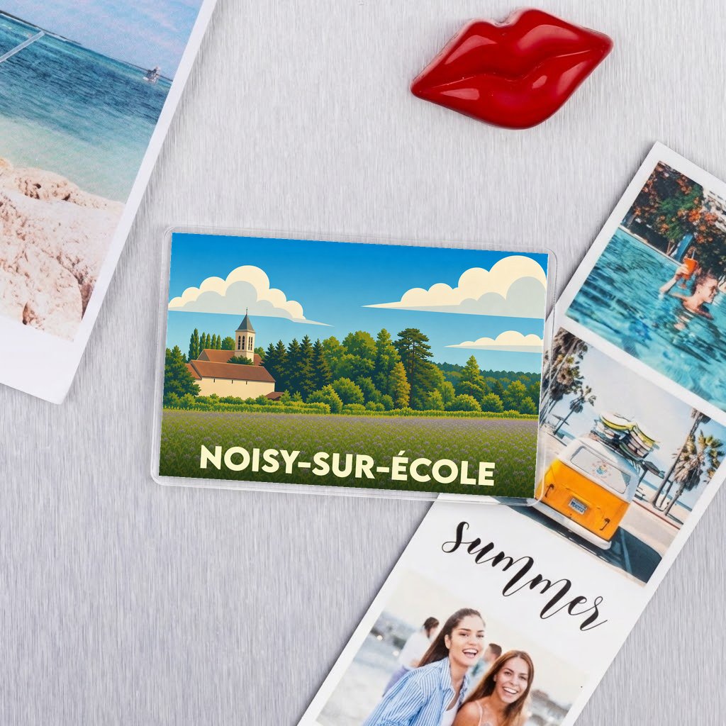 Magnet souvenir de la ville de Noisy-sur-École avec une illustration paysagère stylisée.