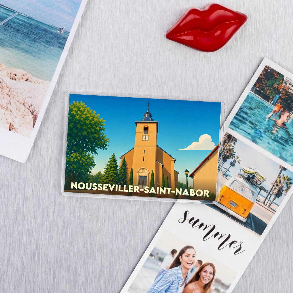 Magnet souvenir de la ville de Nousseviller-Saint-Nabor avec une illustration stylisée de son église.